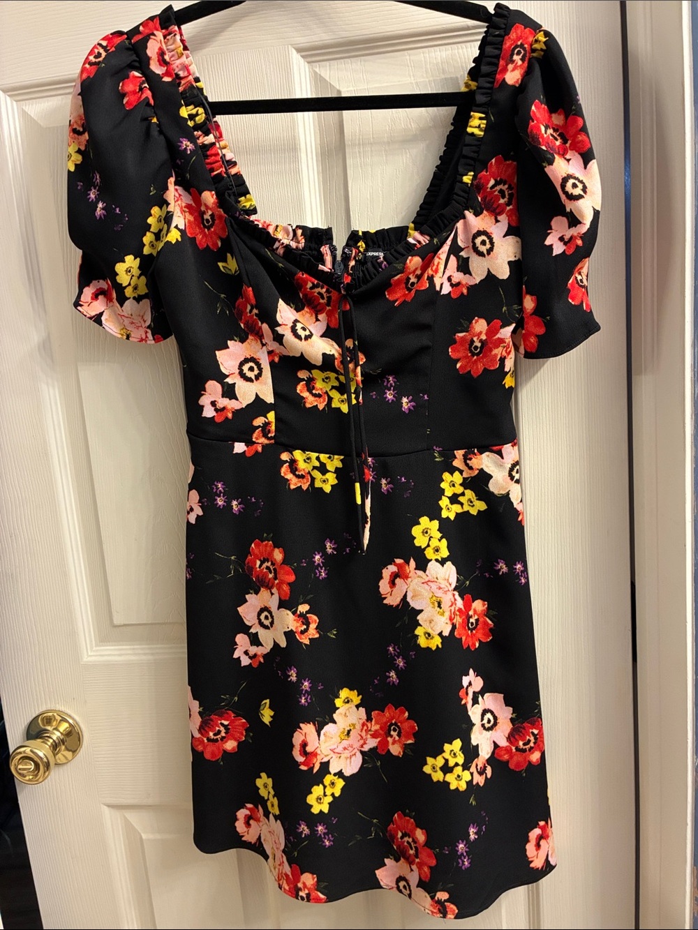 Express Black Floral Puff-Sleeve Mini Dress with Red, Pink & Yellow Blooms